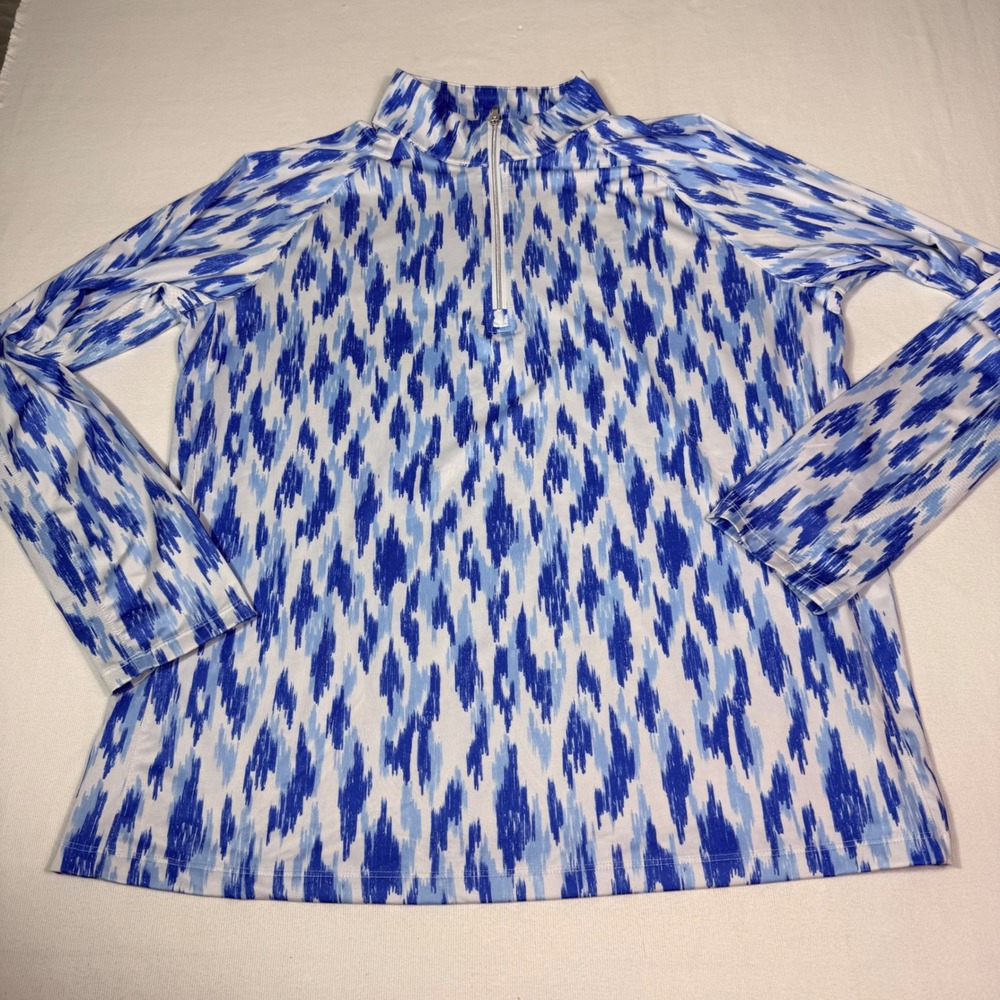 Lady Hagen Pullover XL Blue White Abstract Ikat Quarter Zip Mock Neck Top